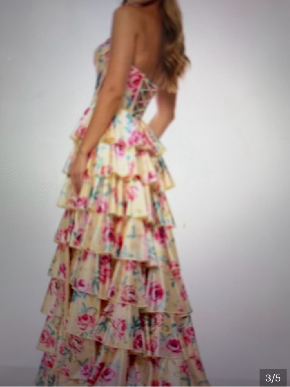 Sherri Hill Floral Tiered High-Low Prom Dress in Cream and Pink - Picture 3 of 6